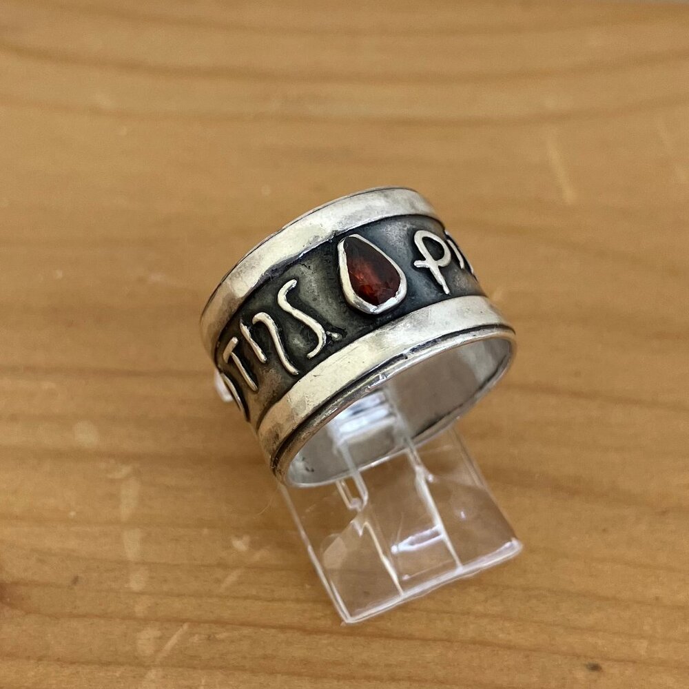 Greek Philotes Friendship Wide Band Ring w/ Garnet Vintage Past Times 925 Silver